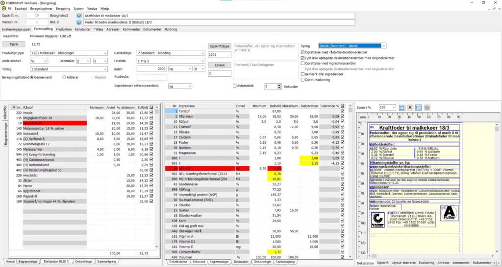HYBRIMIN WinFumi screenshot, foderberegningssoftware