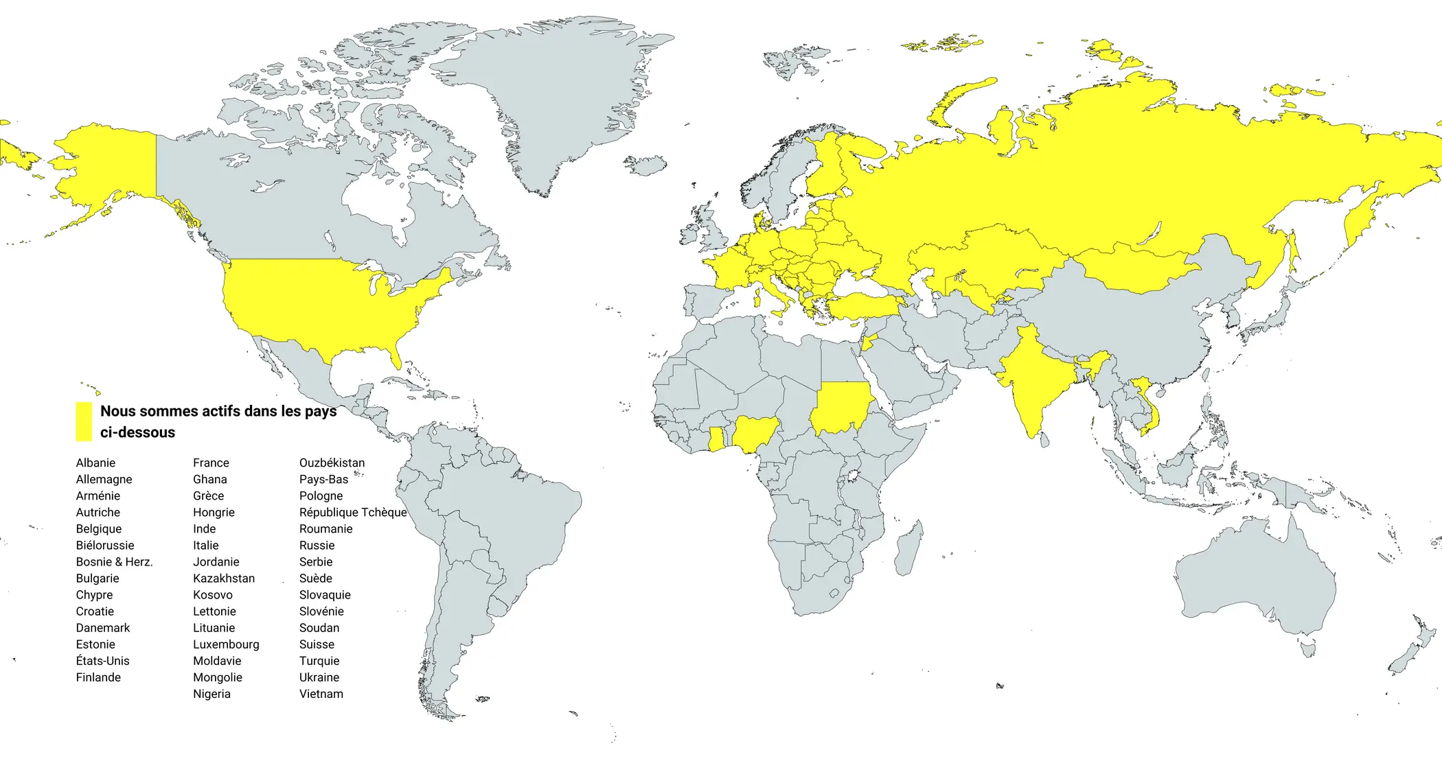 Carte du monde, pays où HYBRIMIN est active