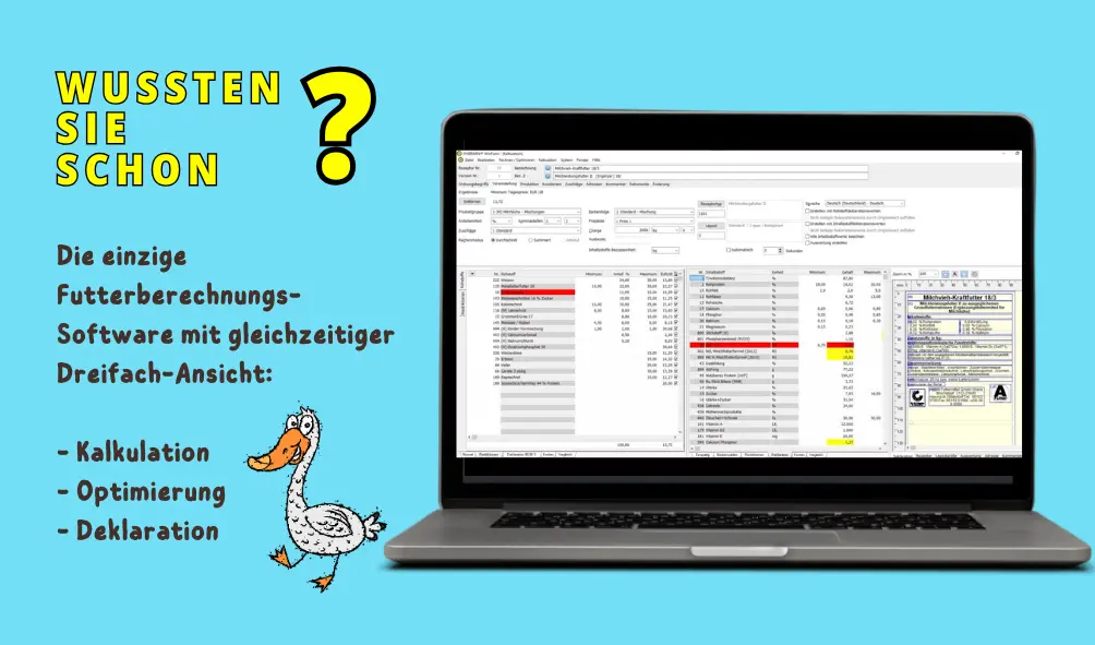 WinFumi Bild mit Dreifach-Ansicht für Kalkulation, Optimierung und Deklaration; daneben Text „Wussten Sie schon?“ mit Ente auf blauem Hintergrund.
