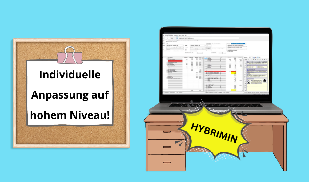 Illustration eines Schreibtisches mit Laptop, auf dem eine Software von HYBRIMIN zu sehen ist. Links eine Pinnwand mit dem Text ‚Individuelle Anpassung auf hohem Niveau!‘