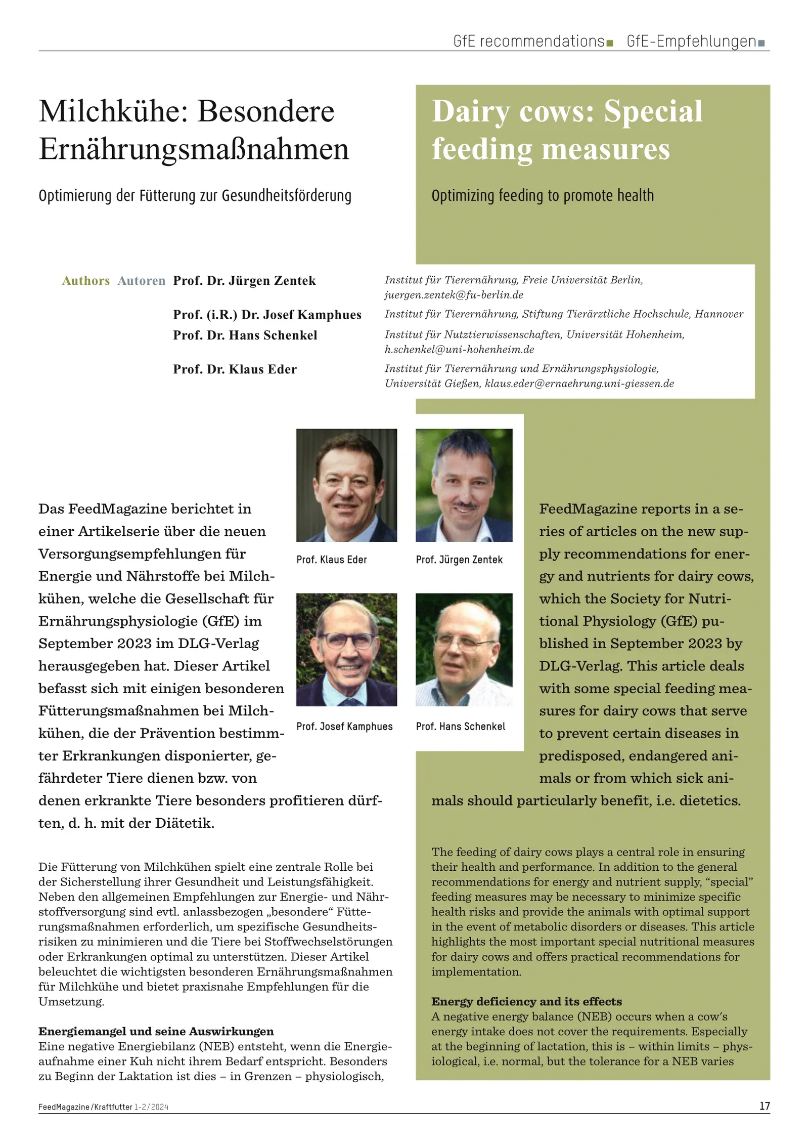 Milchkühe: Besondere Ernährungsmaßnahmen, FeedMagazine/Kraftfutter 1-2/2024, Seite 1