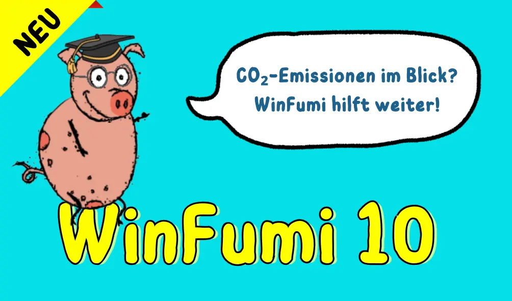 Ein rosa Schweins mit Doktorhut, das in einer Sprechblase sagt: „CO₂-Emissionen im Blick? WinFumi hilft weiter!“ auf blauem Hintergrund.