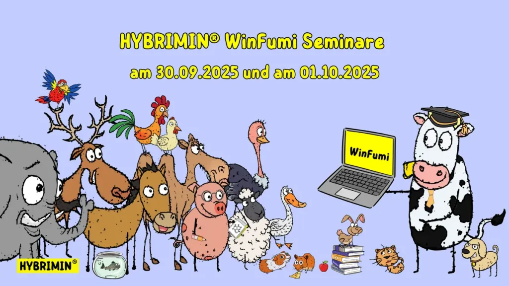 Cartoon-Grafik mit einer Gruppe von Tieren (Kuh, Schwein, Schaf, Pferd, Hund, Katze, Huhn, Strauß, Elefant, Papagei u. a.), die einem Laptop mit „WinFumi“-Schriftzug zusehen. Die Kuh trägt einen Doktorhut und erklärt das Programm. Hintergrund in Hellblau. Text im Bild: „HYBRIMIN® WinFumi Seminare am 30.09.2025 und am 01.10.2025